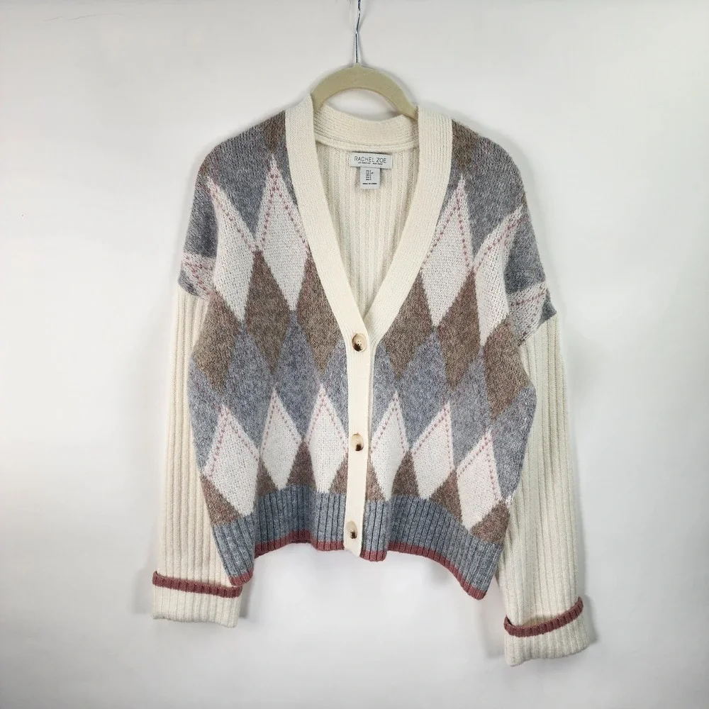 Rachel Zoe Sweater Women's S Ivory Academia Argyle Preppy Ribbed Knit Cardigan